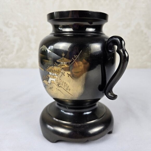 Japanese Bronze Double Handled Vase Snow Capped Mt Fuji Etching Vintage - Picture 2 of 14